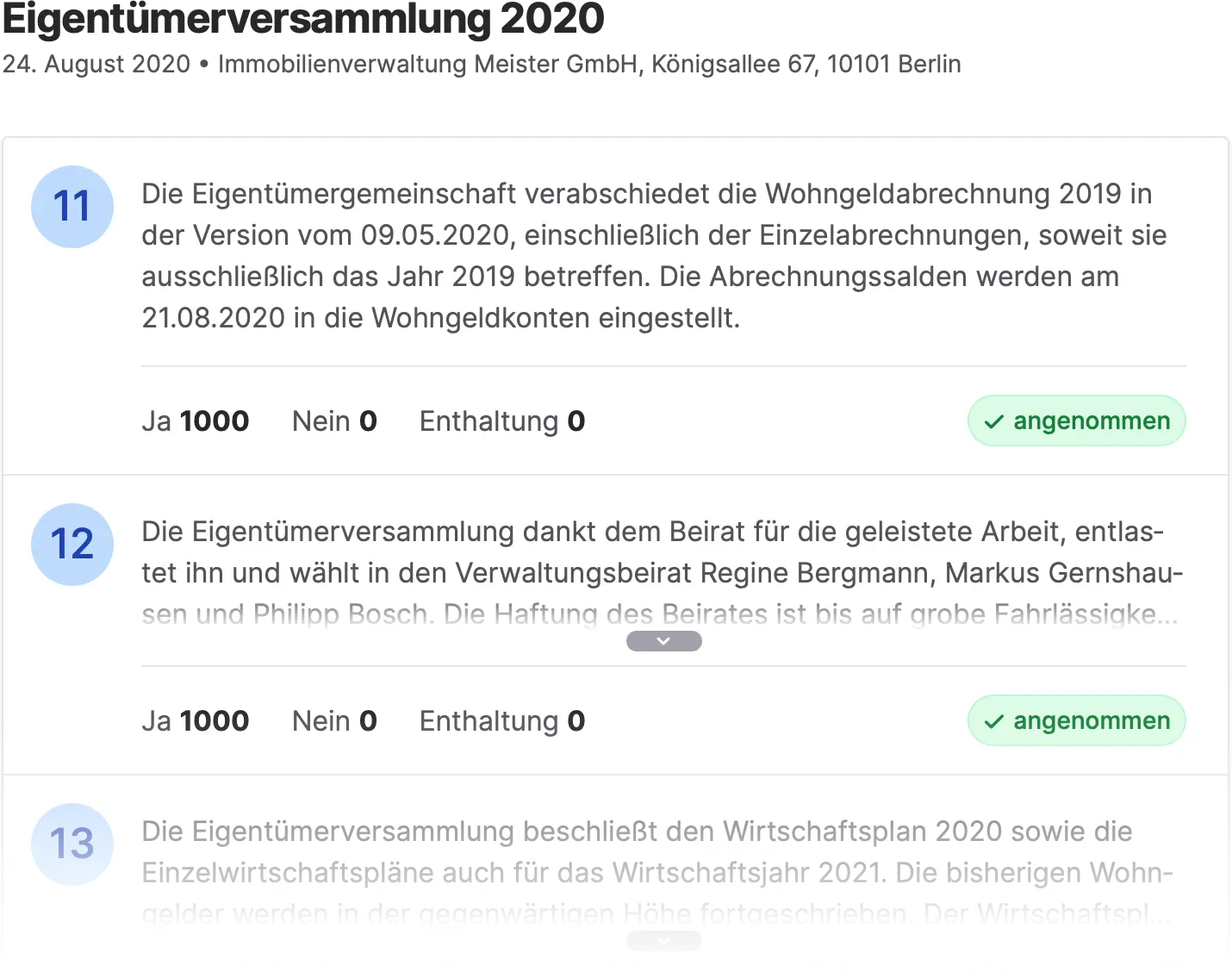 Übersicht von Beschlüssen einer Eigentümerversammlung